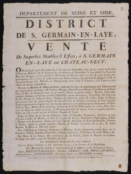 Affiche annonçant la vente des meubles du Château-Neuf de Saint-Germain-en-Laye, saisis sur le co...
