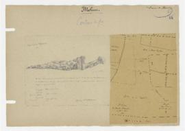 Dessin d'une arme mérovingienne et plan des découvertes faites à Melun en août 1864