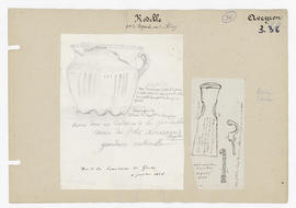 Dessin de vase provenant du tumulus de la Goudalie et dessin de hache et deux fibules