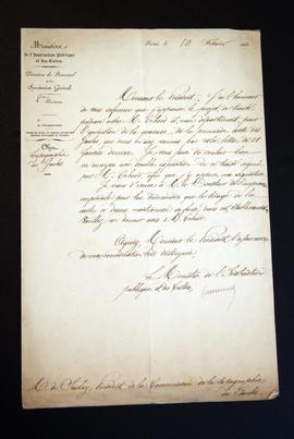 Lettre du ministre de l'Instruction publique à Félicien de Saulcy sur la gravure de la première c...