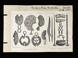 Planche d'objets retrouvés au tumulus du Bois des Langres (Prusly) et dans les sépultures de Veux...