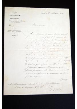 Lettre du ministère de l'Instruction publique à Anatole de Barthélémy sur la collection du Bullet...