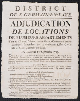 Affiche annonçant l'adjudication de la location d'appartements au château de Saint-Germain-en-Laye