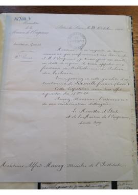 Lettre relative à la nomination d'Alfred Maury en tant que bibliothécaire du Palais des Tuileries