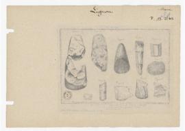 Dessin d'objets en pierre et en os provenant d'une sépulture de l'âge de la pierre polie
