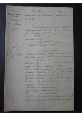 Projet d'arrêté du 22 février 1858 par Gustave Rouland ministre de l'Instruction publique